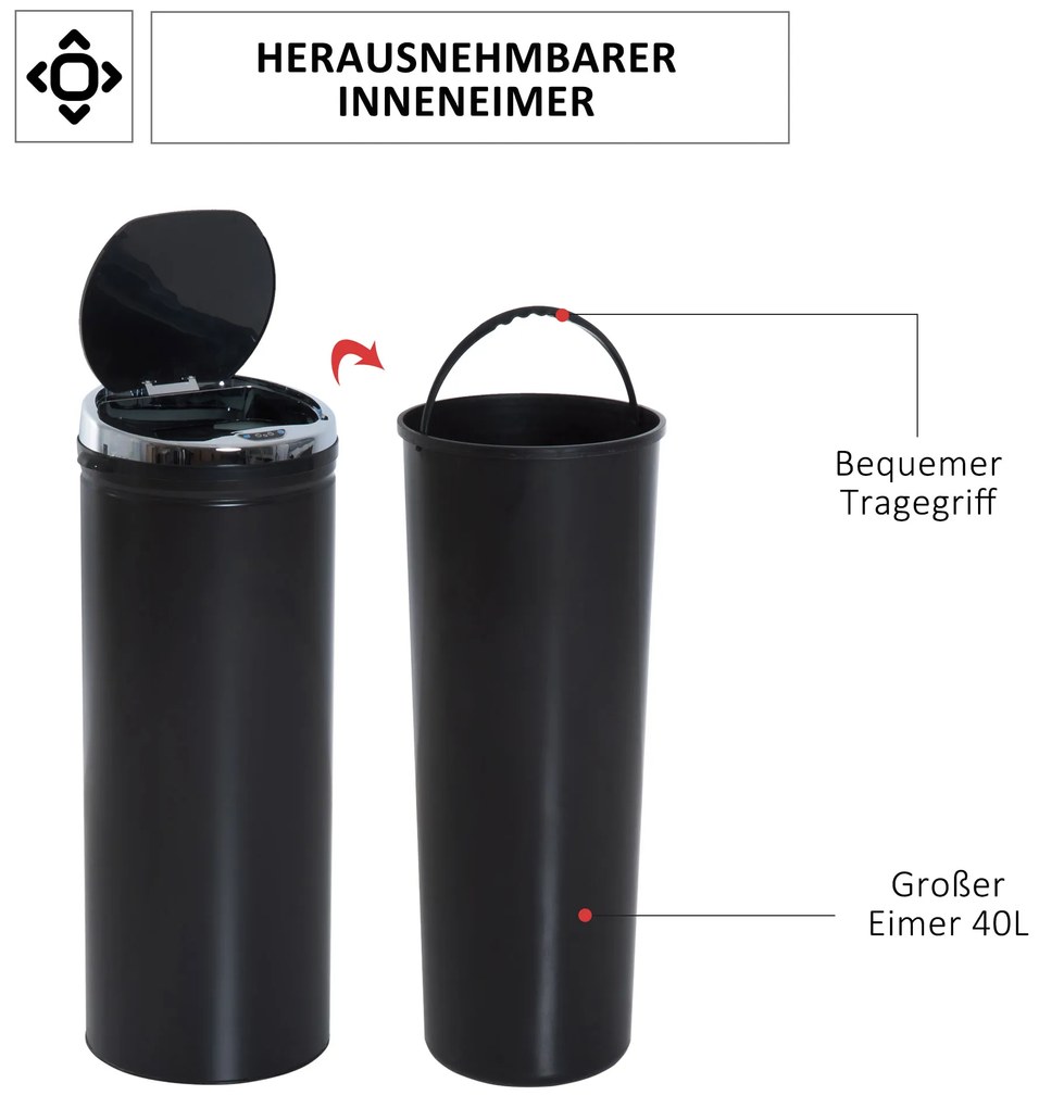 HOMCOM Κάδος Απορριμμάτων με Αισθητήρα Κίνησης, Ανοξείδωτος Χάλυβας, 30,5 cm x 30,5 cm x 81,5 cm, Μαύρο