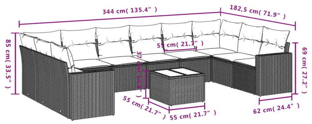 vidaXL Σαλόνι Κήπου 11 Τεμαχίων Καφέ από Συνθετικό Ρατάν με Μαξιλάρια