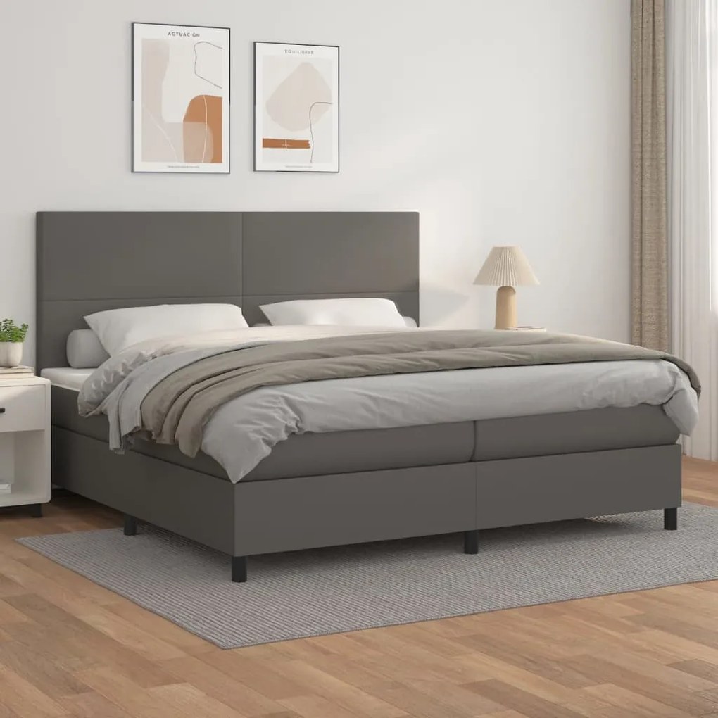 vidaXL Κρεβάτι Boxspring με Στρώμα Γκρι 200x200 εκ. Συνθετικό Δέρμα