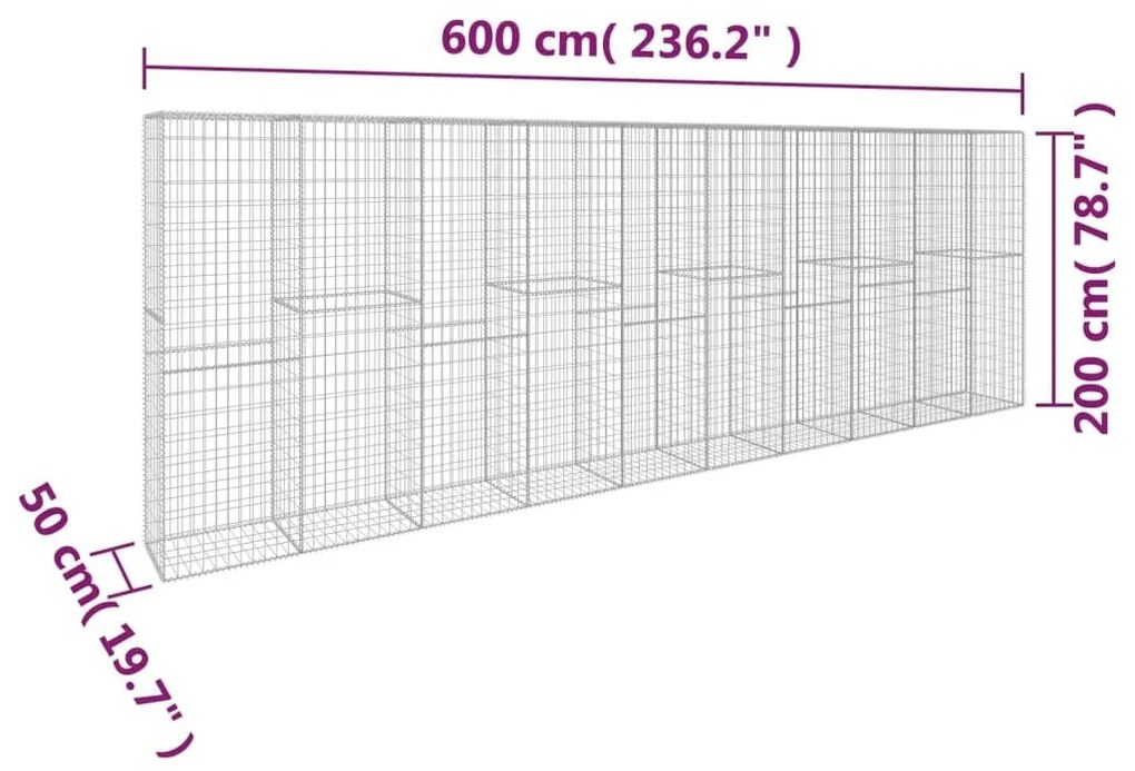 Συρματοκιβώτιο Τοίχος 600x50x200 εκ. Γαλβαν.Χάλυβας + Κάλυμμα - Ασήμι