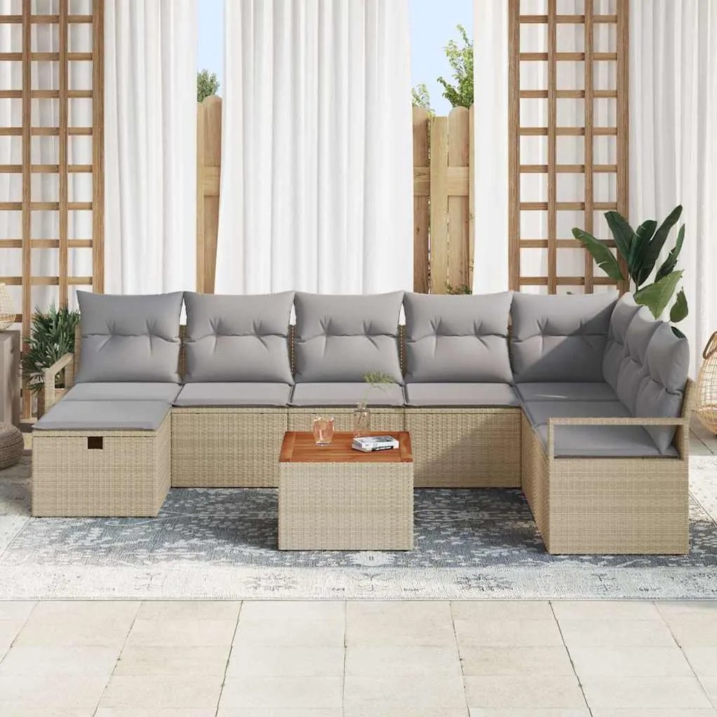 vidaXL Σετ Καναπέ Κήπου με μαξιλάρι 9 pcs Μπεζ Πολυ ράταν