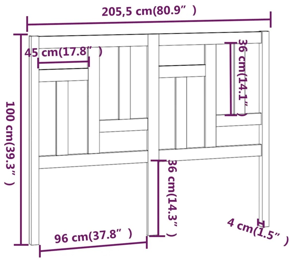 vidaXL Κεφαλάρι Κρεβατιού Μαύρο 205,5x4x100 εκ. Μασίφ Ξύλο Πεύκου