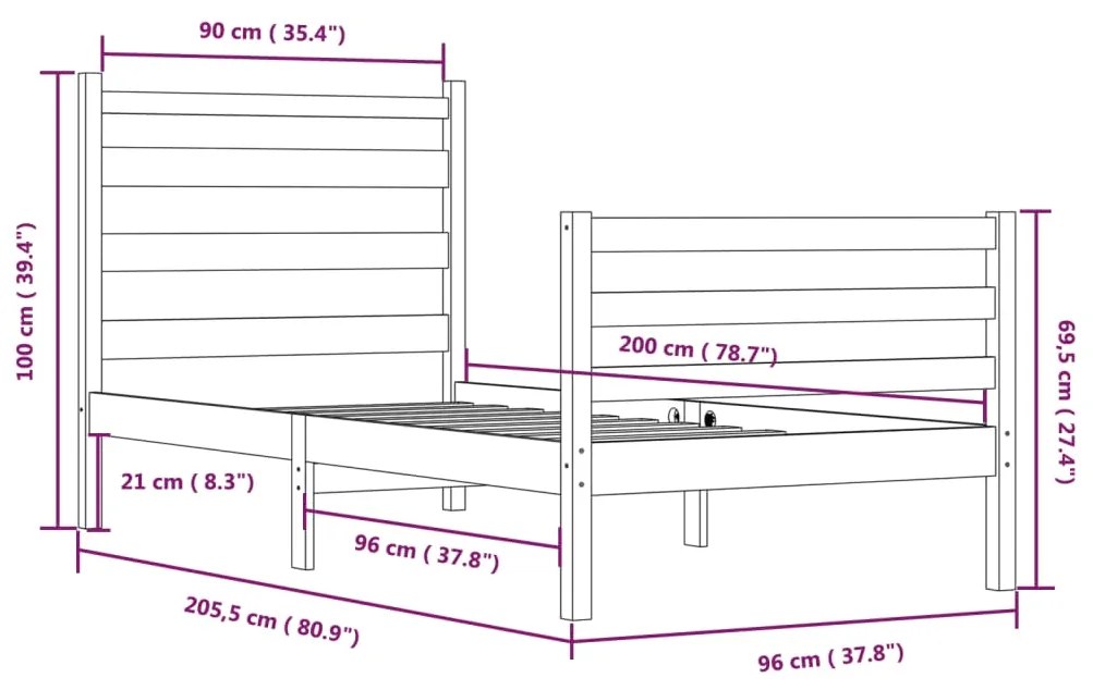 vidaXL Πλαίσιο Κρεβατιού 90 x 200 εκ. από Μασίφ Ξύλο Πεύκου