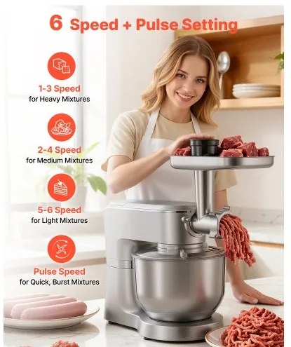 VEVOR Stand Mixer, 6 L Electric Kitchen Mixer, 1500W Dough-Mixer, 6+P Speeds Tilt-head Food-Mixer with 1.5 L Blender Cup, Stainless Steel Bowl, Dough Hook, Whisk, Beater, for Baking, Mixing, Silver