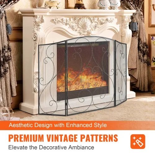 VEVOR Fireplace Screen 3 Panel, Sturdy Iron Mesh Fireplace Screen, 122(L)x76.7(H)CM Spark Guard Cover, No Assembly Required, Free Standing Fireplace Fence Grate for Living Room Home Decor Vintage