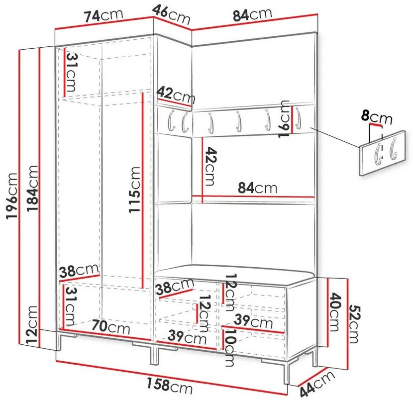 Σετ διαδρόμου Hartford F107, 196x158x46cm, 88 kg, Καθρέφτης, Craft δρυς, Οικολογικό δέρμα, Πλαστικοποιημένη μοριοσανίδα, Τοίχου, Εντοιχισμένη