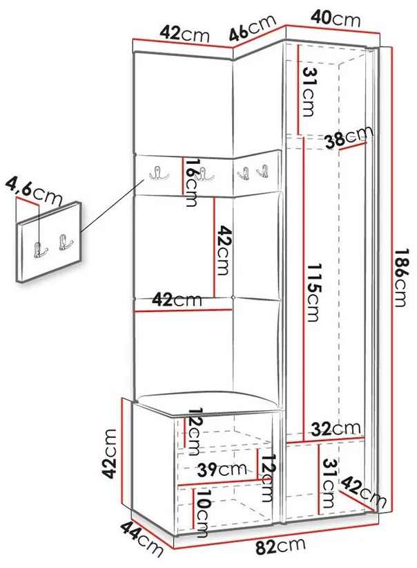 Σετ διαδρόμου Hartford 348, 186x82x44cm, 51 kg, Artisan βελανιδιά, Μαύρο, Ταπισερί, Πλαστικοποιημένη μοριοσανίδα, Εντοιχισμένη, Τοίχου | Epipla1.gr