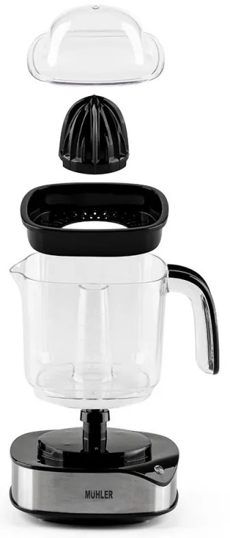 Πρέσα εσπεριδοειδών Muhler MJ-4020, 40 W, 1,2 λίτρα, Dvoposochno κίνηση, Ενδεικτική λυχνία, 2 κώνοι, Cheren/Inox.