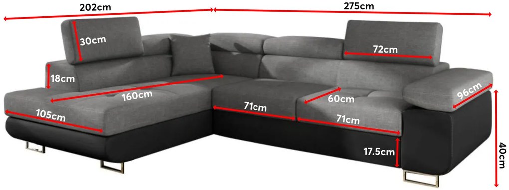 Γωνιακός καναπές Antony-Αριστερή-Μαύρο - Γκρι