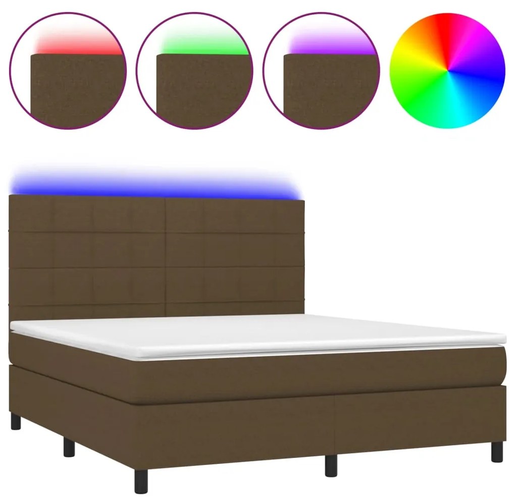 vidaXL Κρεβάτι Boxspring με Στρώμα & LED Σκ.Καφέ 180x200εκ. Υφασμάτινο