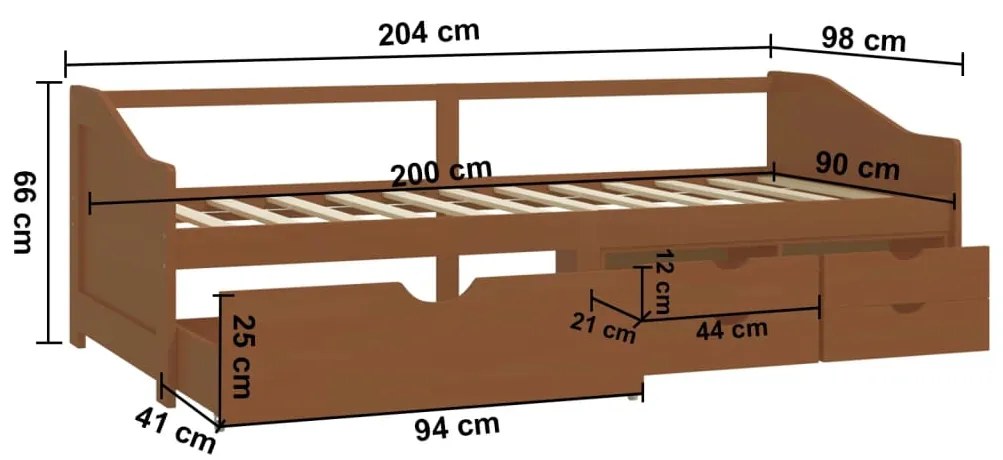 Καναπές Κρεβάτι 3 Θέσεων με Συρτάρια Μελί 90x200εκ Μασίφ Πεύκο - Καφέ