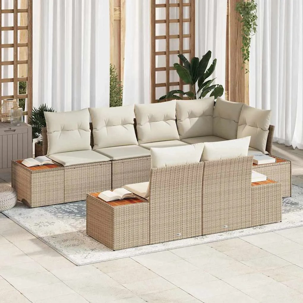 vidaXL Σετ Καναπέ Κήπου με μαξιλάρι 7 pcs Μπεζ Πολυ ράταν