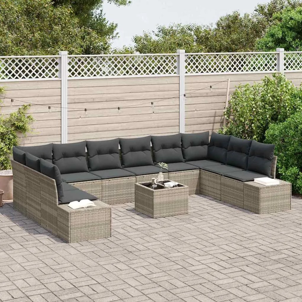 vidaXL Σετ Καναπέ Κήπου με μαξιλάρι 11 pcs Ανοιχτό γκρι Πολυ ράταν