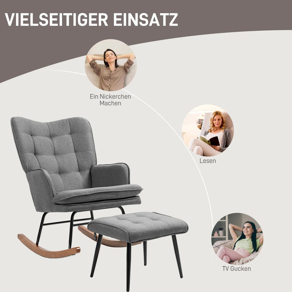 HOMCOM Κουνιστή πολυθρόνα με υποπόδιο, άνετη, έως 130 kg, όψη λινό, 64x89x90cm, Σκούρο γκρι