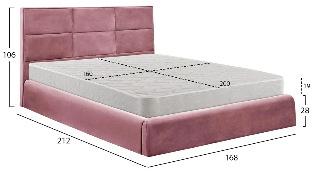 Επενδυμένο Κρεβάτι BRILEY Διπλό με Στρώμα &amp; Αποθηκευτικό χώρο Βελούδο Σάπιο Μήλο 160x200εκ 168x212x106 εκ.