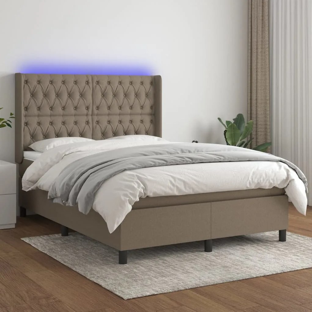 vidaXL Κρεβάτι Boxspring με Στρώμα & LED Taupe 140x190 εκ. Υφασμάτινο