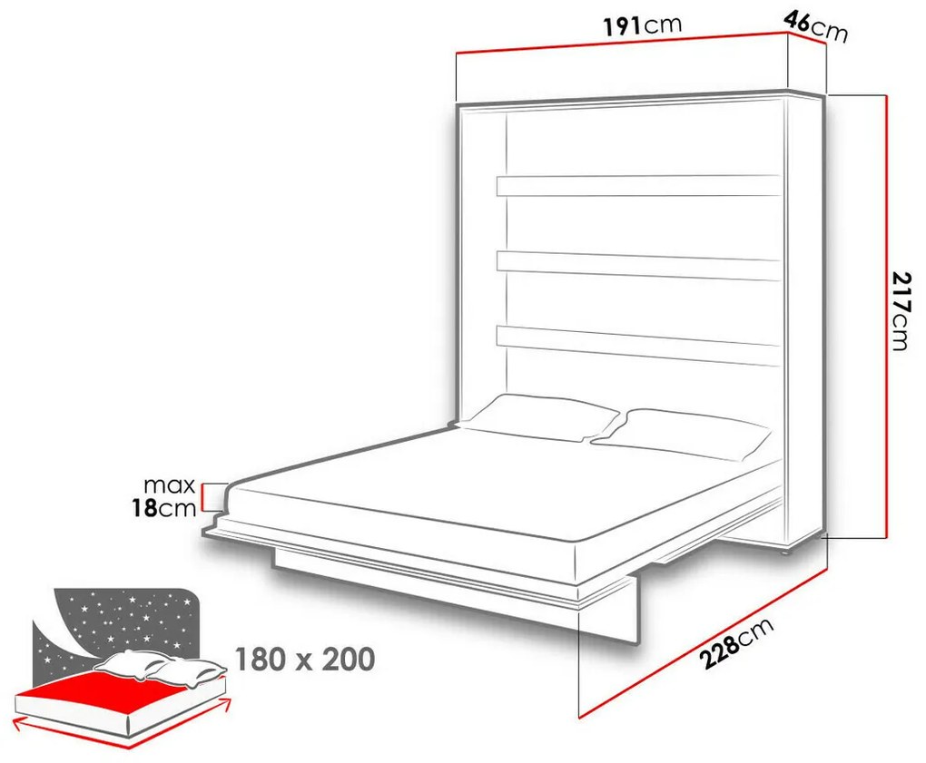 Κρεβάτι - ντουλάπα Concept Pro Lenart AH103, Διπλό, Γκρι, 180x200, Πλαστικοποιημένη μοριοσανίδα, Τάβλες για Κρεβάτι, 191x228x217cm | Epipla1.gr