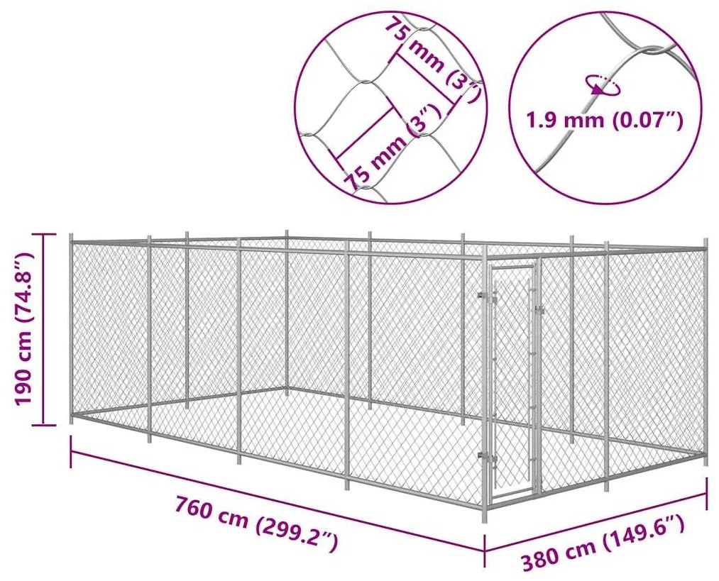 vidaXL Κλουβί Σκύλου Εξωτερικού Χώρου 7,6 x 3,8 x 1,9 μ.