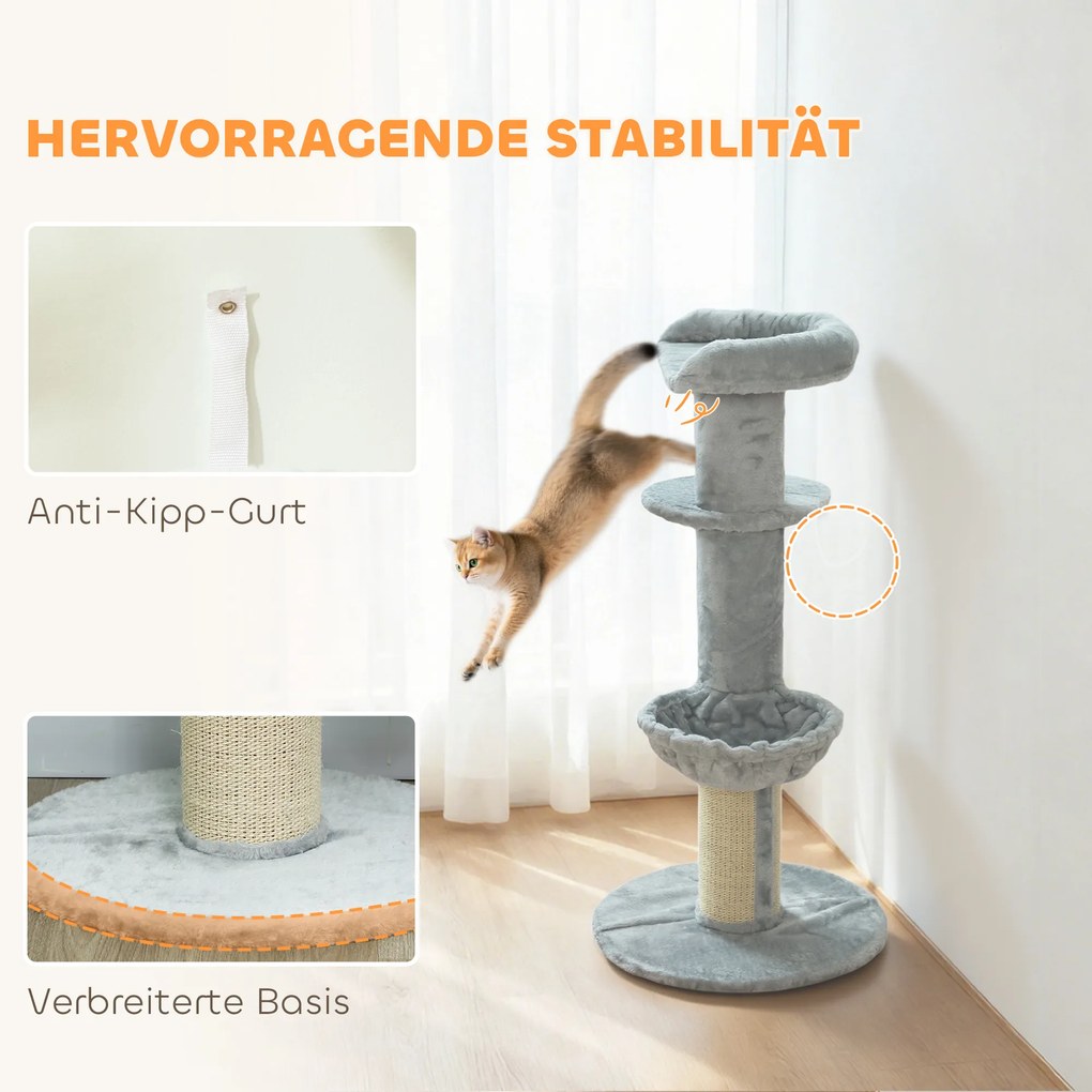PawHut Δέντρο για γάτες, στύλος από σιζάλ, πολλαπλών επιπέδων, βελούδινο ύφασμα, κρεμαστή μπάλα, ανοιχτό γκρι