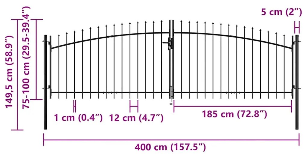 vidaXL Πόρτα Περίφραξης Διπλή με Λόγχες 400 x 150 εκ.