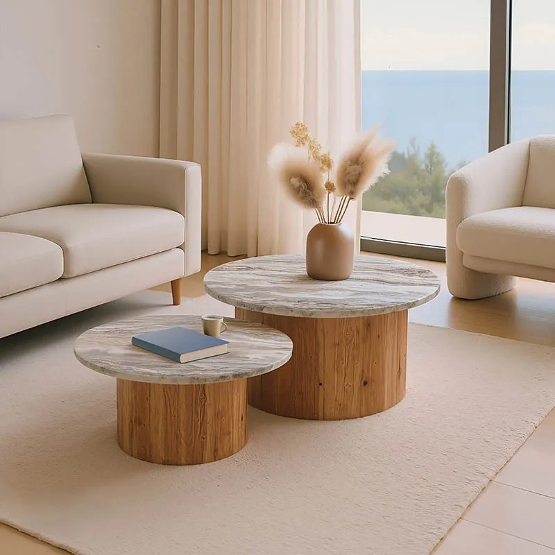 Τραπέζι σαλονιού Sergy pakoworld σετ 2 τμχ μασίφ ξύλο ακακίας σε φυσική απόχρωση με επιφάνεια μαρμάρ