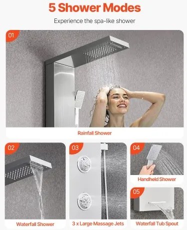 VEVOR Shower Panel Tower System Stainless Steel Column Rainfall Head Massage Jet