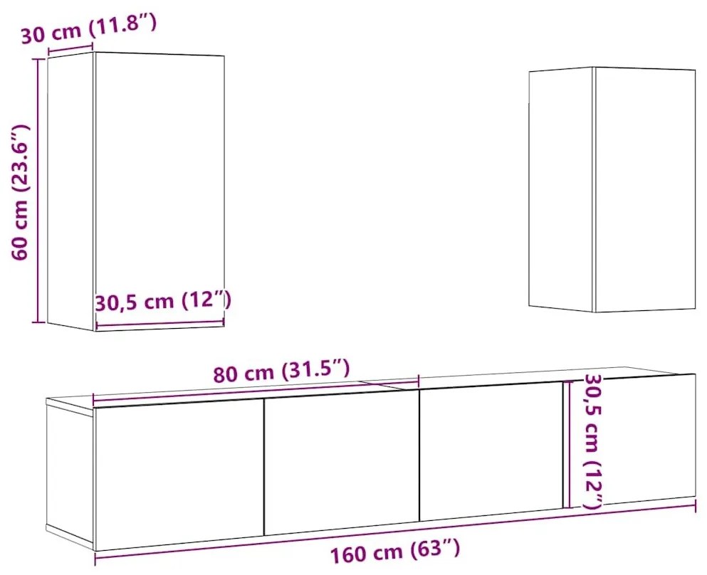 4 τεμαχίων ντουλάπι τηλεόρασης που τοποθετείται τοίχο από - Καφέ