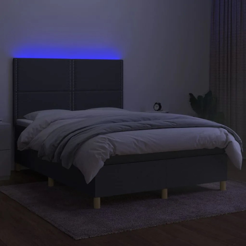 vidaXL Κρεβάτι Boxspring με Στρώμα & LED Σκ.Γκρι 140x200 εκ Υφασμάτινο