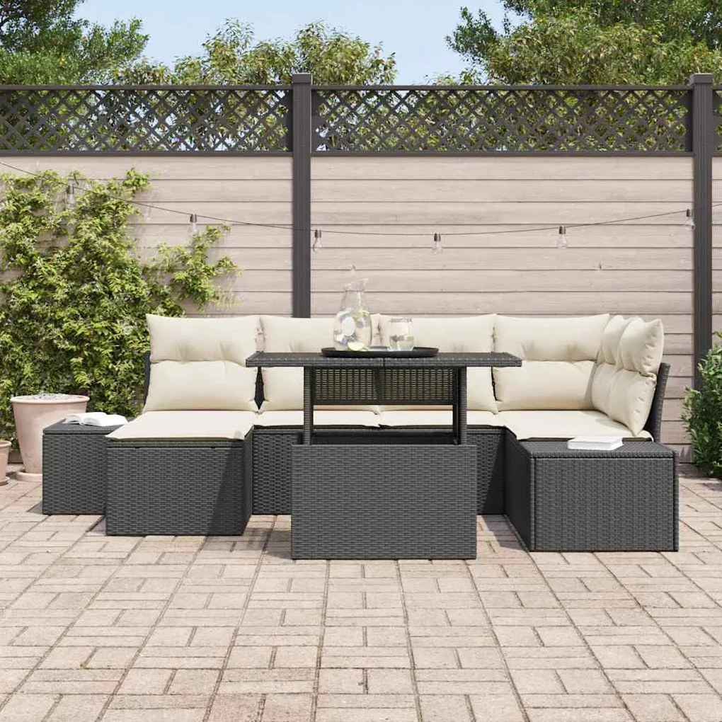 vidaXL Σετ Καναπέ Κήπου με μαξιλάρι 7 pcs Μαύρο και κρεμ