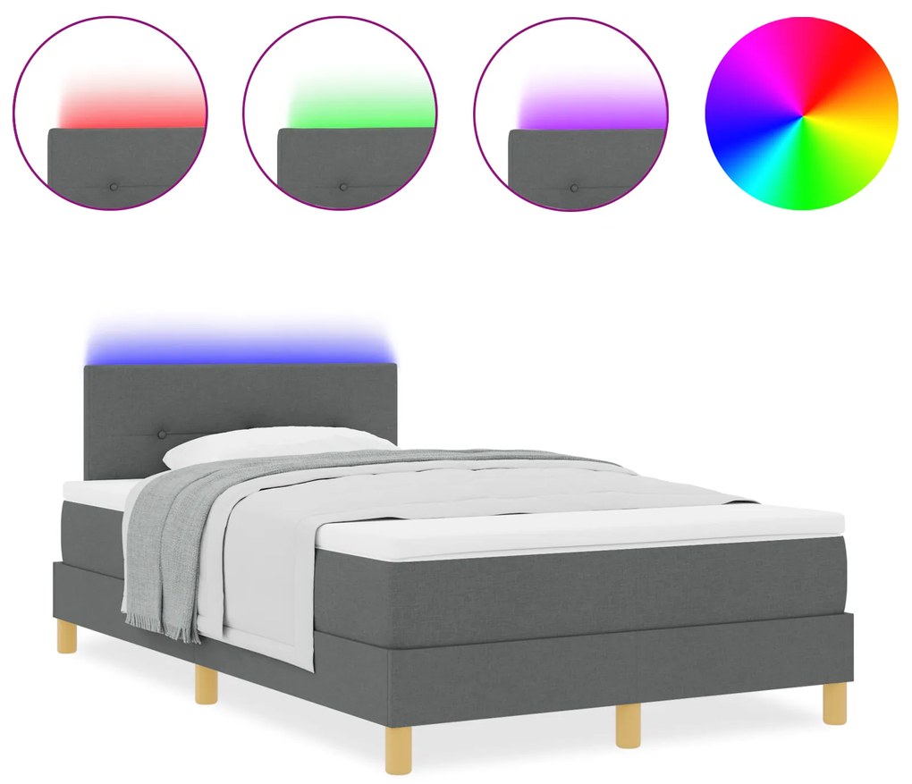 vidaXL Κρεβάτι με Σπρινγκ και Μαξιλάρι & LED Σκούρο Γκρι 120x200 εκ Ύφασμα