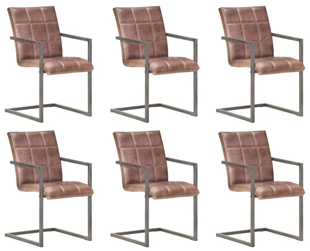 Καρέκλες Τραπεζαρίας «Πρόβολος» 6 τεμ. Αντικέ Καφέ Γνήσιο Δέρμα - Καφέ