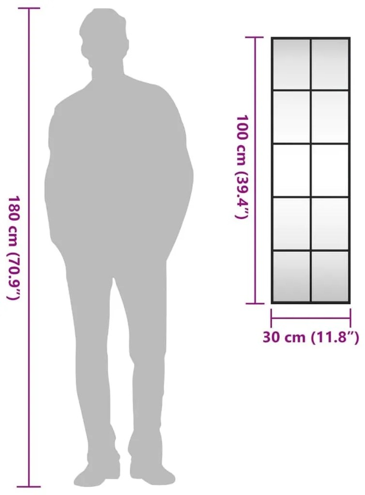 Καθρέφτης Ορθογώνιος Μαύρος 30 x 100 εκ. από Σίδερο - Μαύρο
