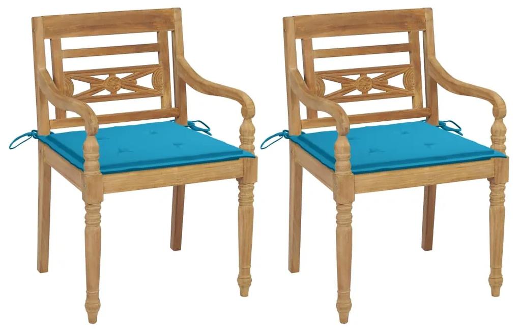 Καρέκλες Batavia 2 τεμ. από Μασίφ Ξύλο Teak με Μπλε Μαξιλάρια