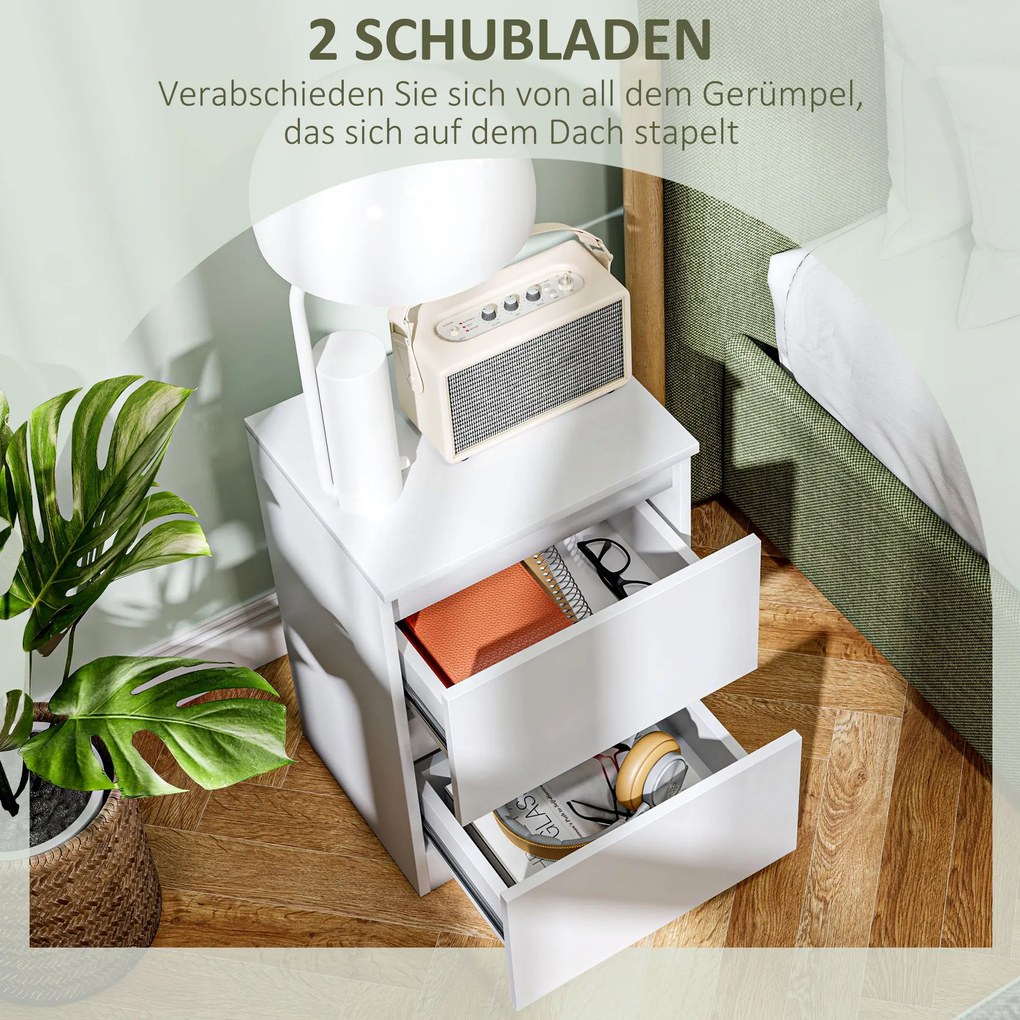 HOMCOM Νυχτικό τραπέζι με 2 συρτάρια, βοηθητικό τραπέζι με αποθηκευτικό χώρο, για σαλόνι, υπνοδωμάτιο, Λευκό