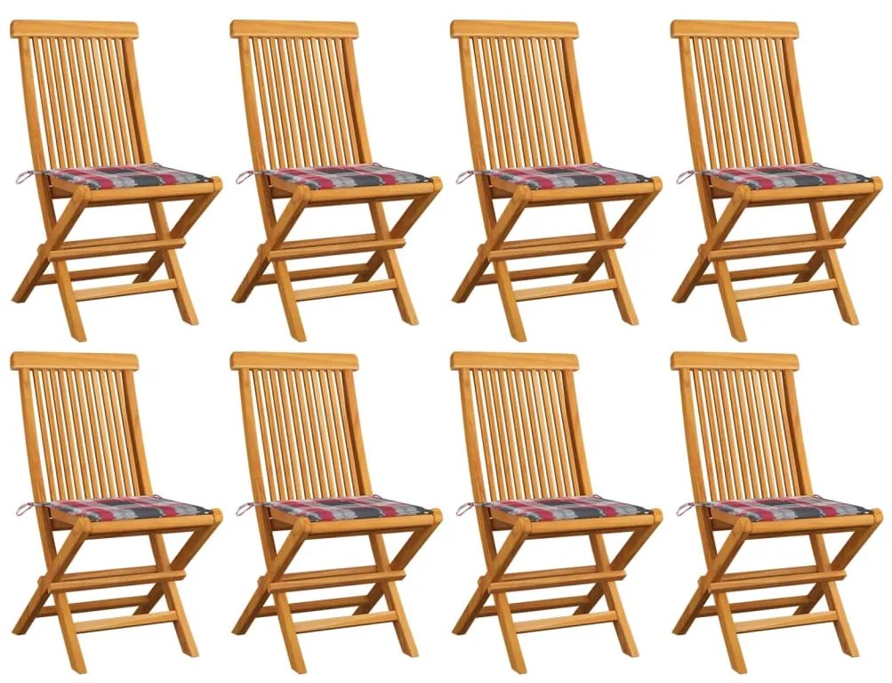 Καρέκλες Κήπου 8 τεμ Μασίφ Ξύλο Teak με Κόκκινα Καρό Μαξιλάρια