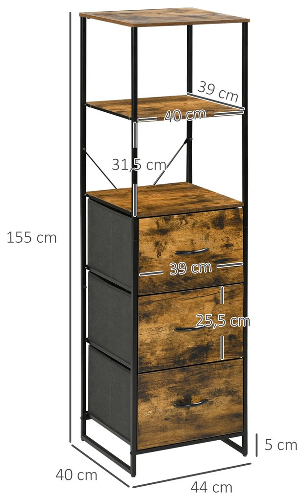 HOMCOM Ράφι αποθήκευσης με συρτάρια, ανοιχτός αποθηκευτικός χώρος, ατσάλινο πλαίσιο, ρυθμιζόμενα πόδια, 44x40x155 cm
