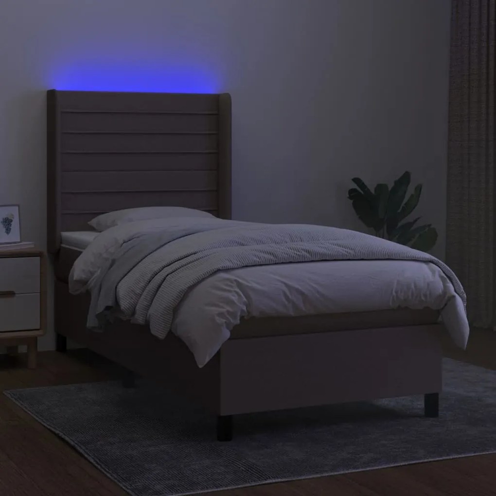 vidaXL Κρεβάτι Boxspring με Στρώμα & LED Taupe 90x200 εκ. Υφασμάτινο