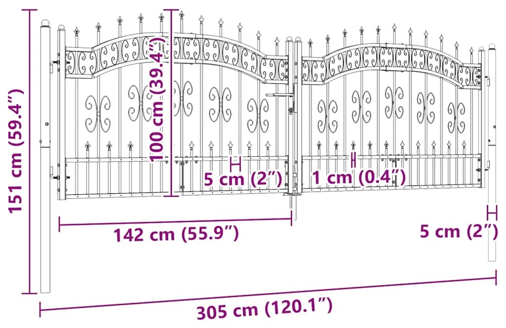 vidaXL Πόρτα Περίφραξης με Κορυφή Δόρυ Μαύρη 305x100 εκ. από Ατσάλι με Ηλεκτροστατική Βαφή