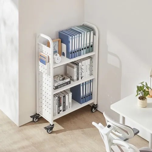 VEVOR 3-Tier Rolling Book Cart Single Sided L-Shaped Shelves Book Truck in White