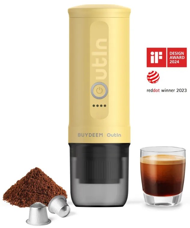 Φορητή μηχανή espresso BUYDEEM Outin Nano OTEM-01, 7500 mAh, 20 bar, 50 ml, 12/24V, φόρτιση USB και Type-C, έδαφος + κάψουλες, κίτρινο