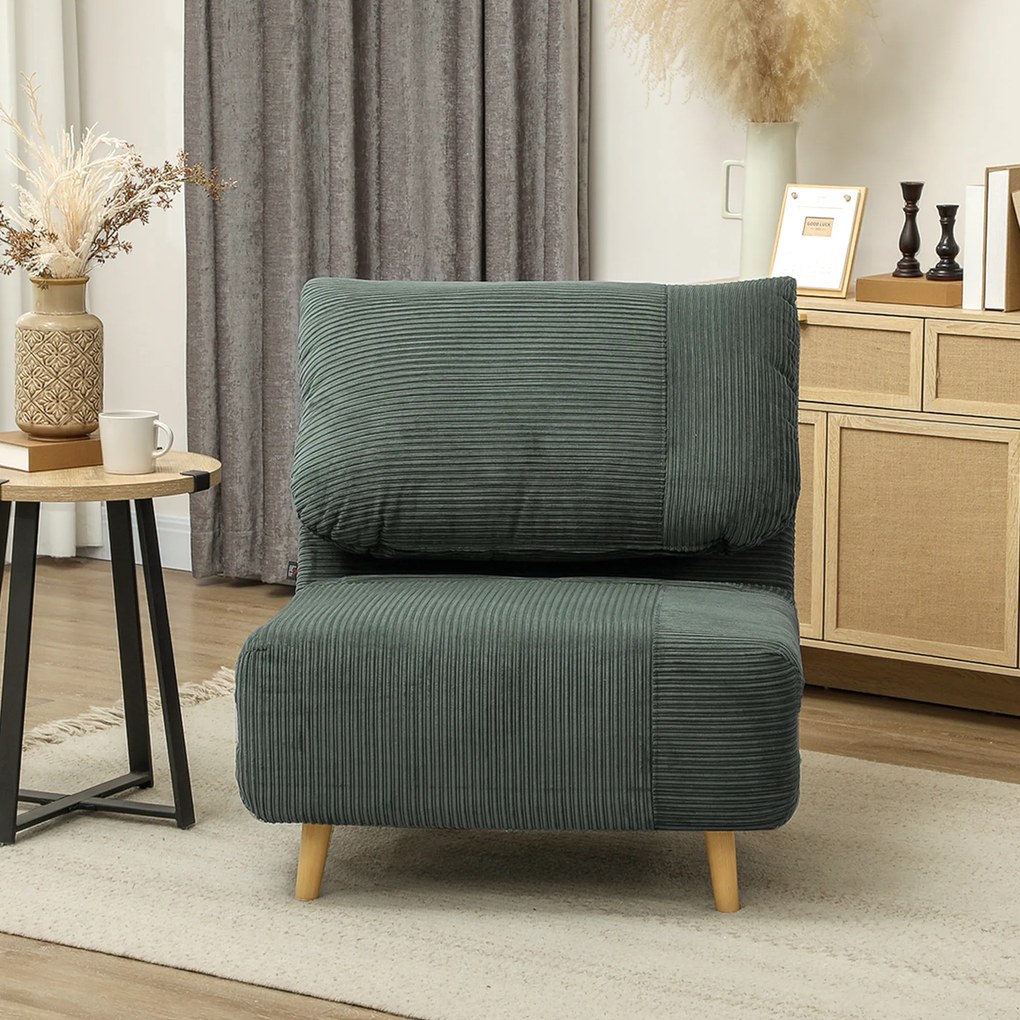 HOMCOM 2-σε-1 πολυθρόνα-κρεβάτι, ρυθμιζόμενο προσκέφαλο, εμφάνιση κοτλέ, 82 cm x 87 cm x 89 cm Πράσινο