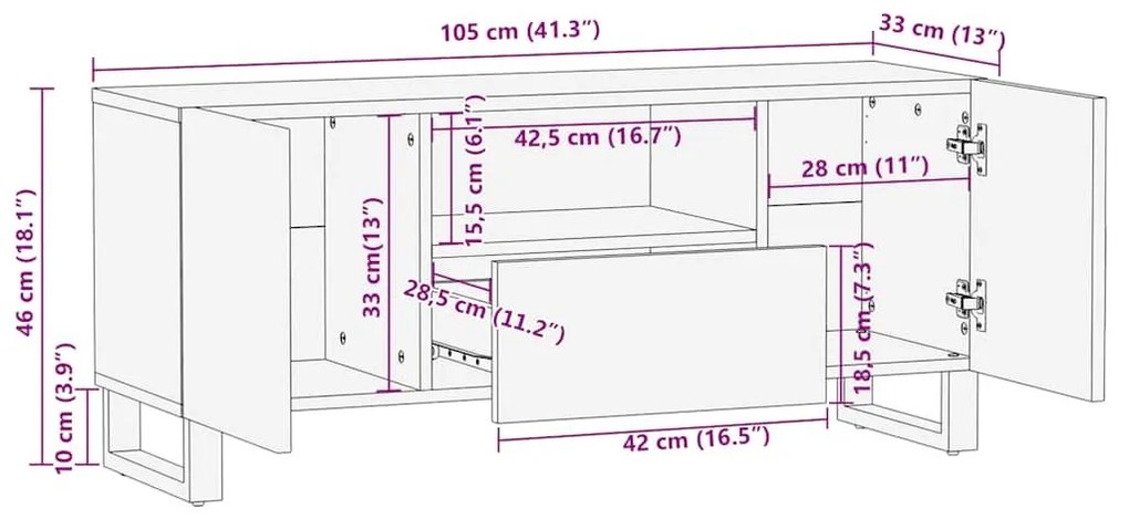 Έπιπλο Τηλεόρασης Μαύρο 105 x 33 x 46 εκ. από Μασίφ Ξύλο Μάνγκο - Μαύρο