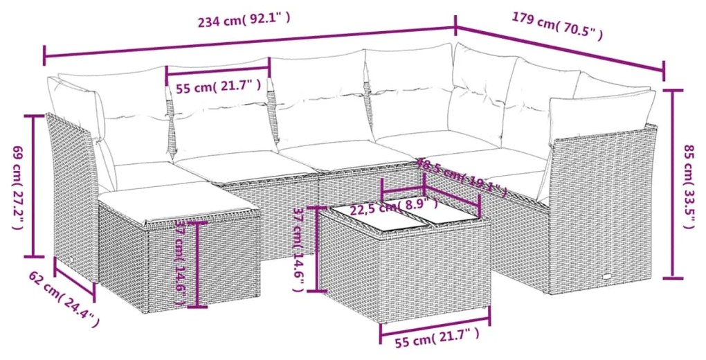 vidaXL Σαλόνι Κήπου Σετ 8 Τεμαχίων Γκρι Συνθετικό Ρατάν με Μαξιλάρια