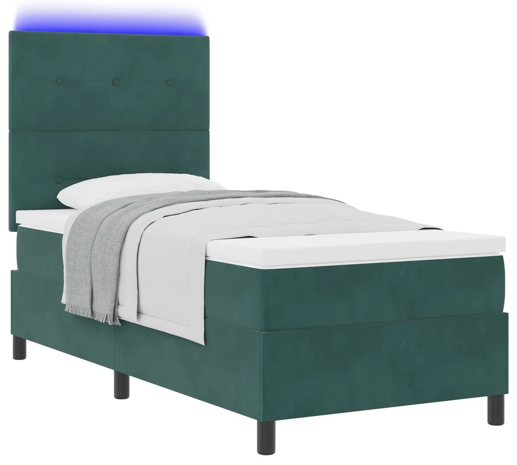 vidaXL Κρεβάτι Box Spring της με Στρώμα & LED Σκούρο Πράσινο 90x200 εκ. Βελούδο