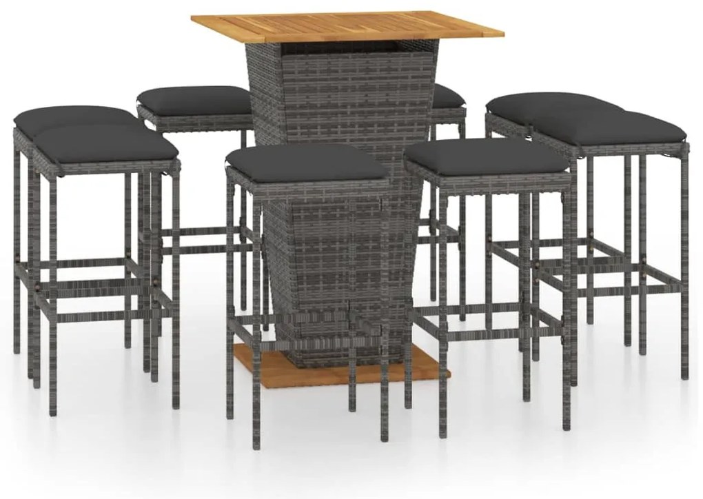 vidaXL Σετ Επίπλων Μπαρ Κήπου 9 τεμ. Γκρι Συνθετικό Ρατάν με Μαξιλάρια