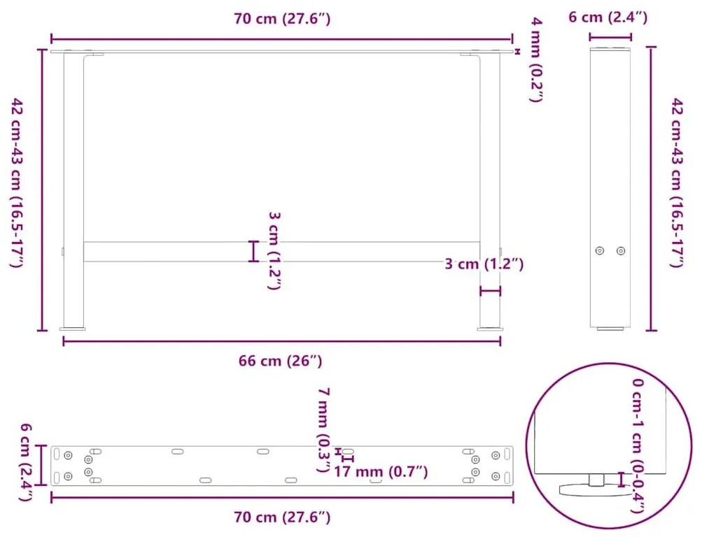 Πόδια τραπεζιού σαλονιού Ανθρακί 2 τεμ. 70x(42-43) εκ. Ατσάλι - Ανθρακί