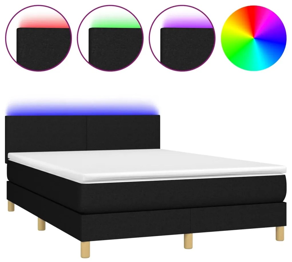 vidaXL Κρεβάτι Boxspring με Στρώμα &amp; LED Μαύρο 140x200 εκ. Υφασμάτινο