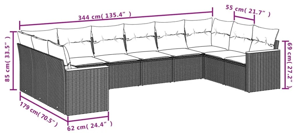 vidaXL Σαλόνι Κήπου Σετ 10 Τεμαχίων Μαύρο Συνθετικό Ρατάν με Μαξιλάρια