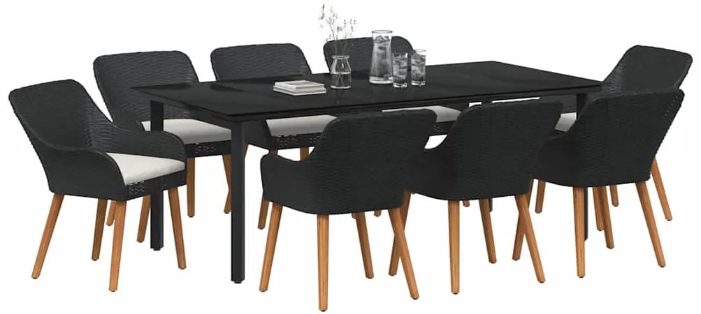 vidaXL Σέτ φαγητού για κήπο με μαξιλάρι 9 pcs Μαύρο συνθετικό ρατάν