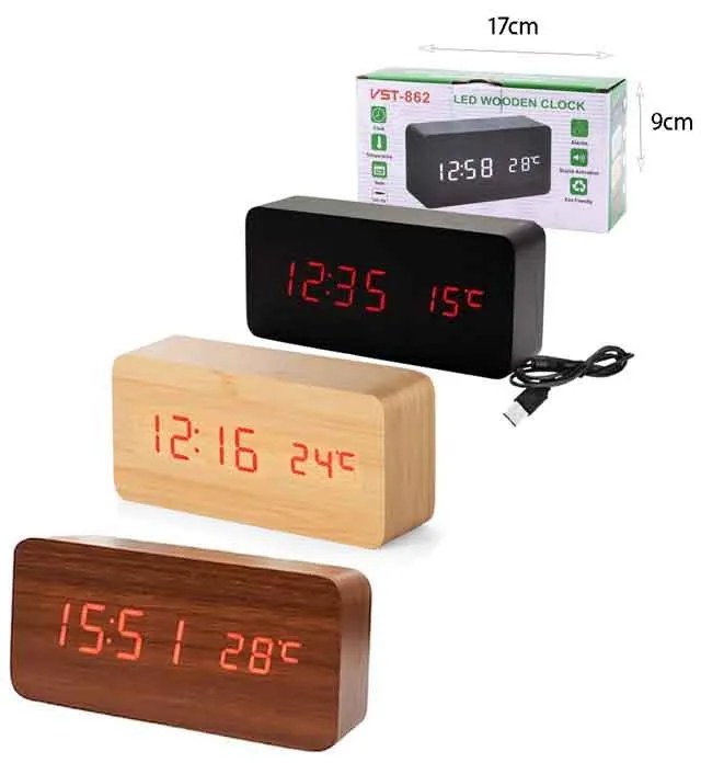 Ξύλινο Ψηφιακό Ρολόι LED με Θερμόμετρο VST-862 – LED Wooden Clock with Temperature Display
